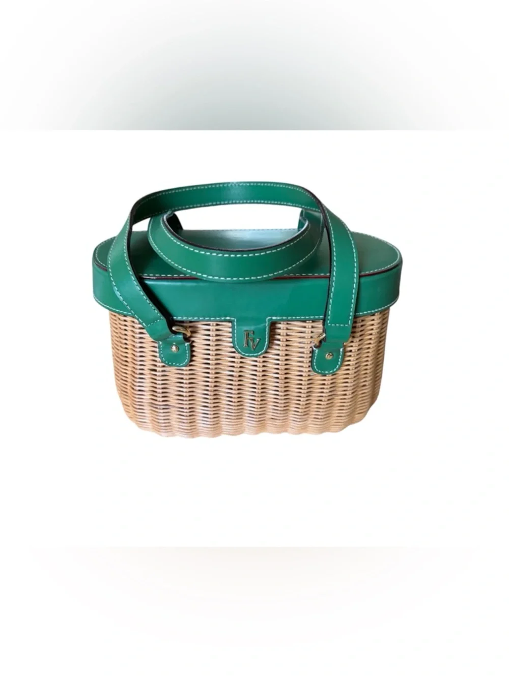 Frances Valentine Willow Wicker Basket Satchel Bag Natural and Green - Picture 4 of 11